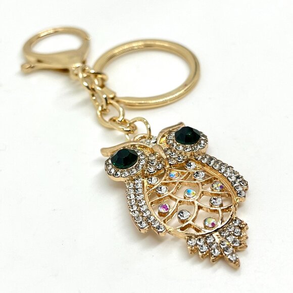 3/$30 GOLD OWL KEYCHAIN RHINESTONE CRYSTAL GREEN EYES BAG CHARM GIFT BLING NWT - Picture 7 of 10